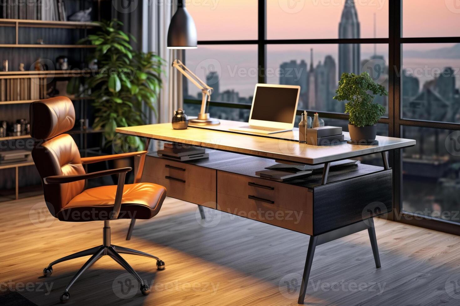Modern office interior with furniture and city view. 3D Rendering photo