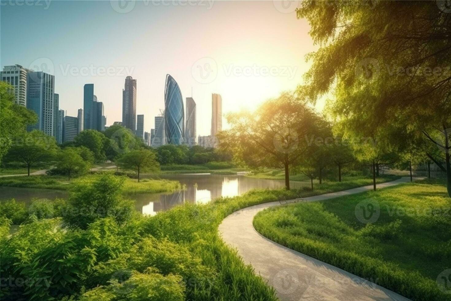 City park with skyscrapers and green grass. 3d rendering Ai Generated photo