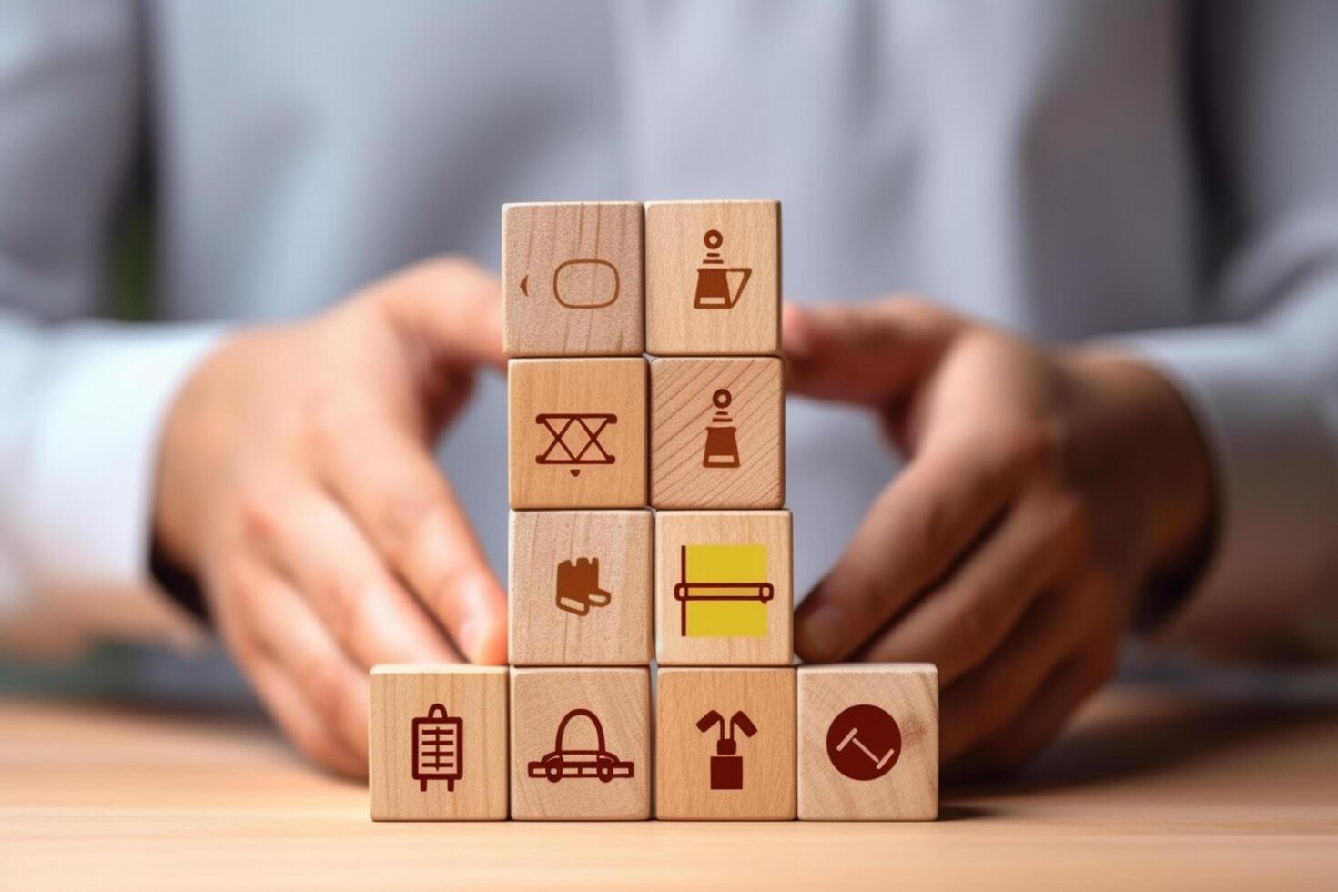 Wooden blocks with different icons on table, closeup. Choice concept photo