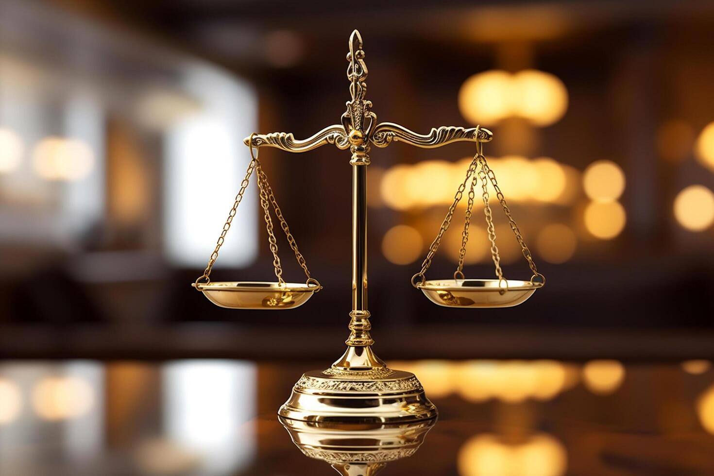 Scales of justice on table in courtroom. Law and justice concept photo