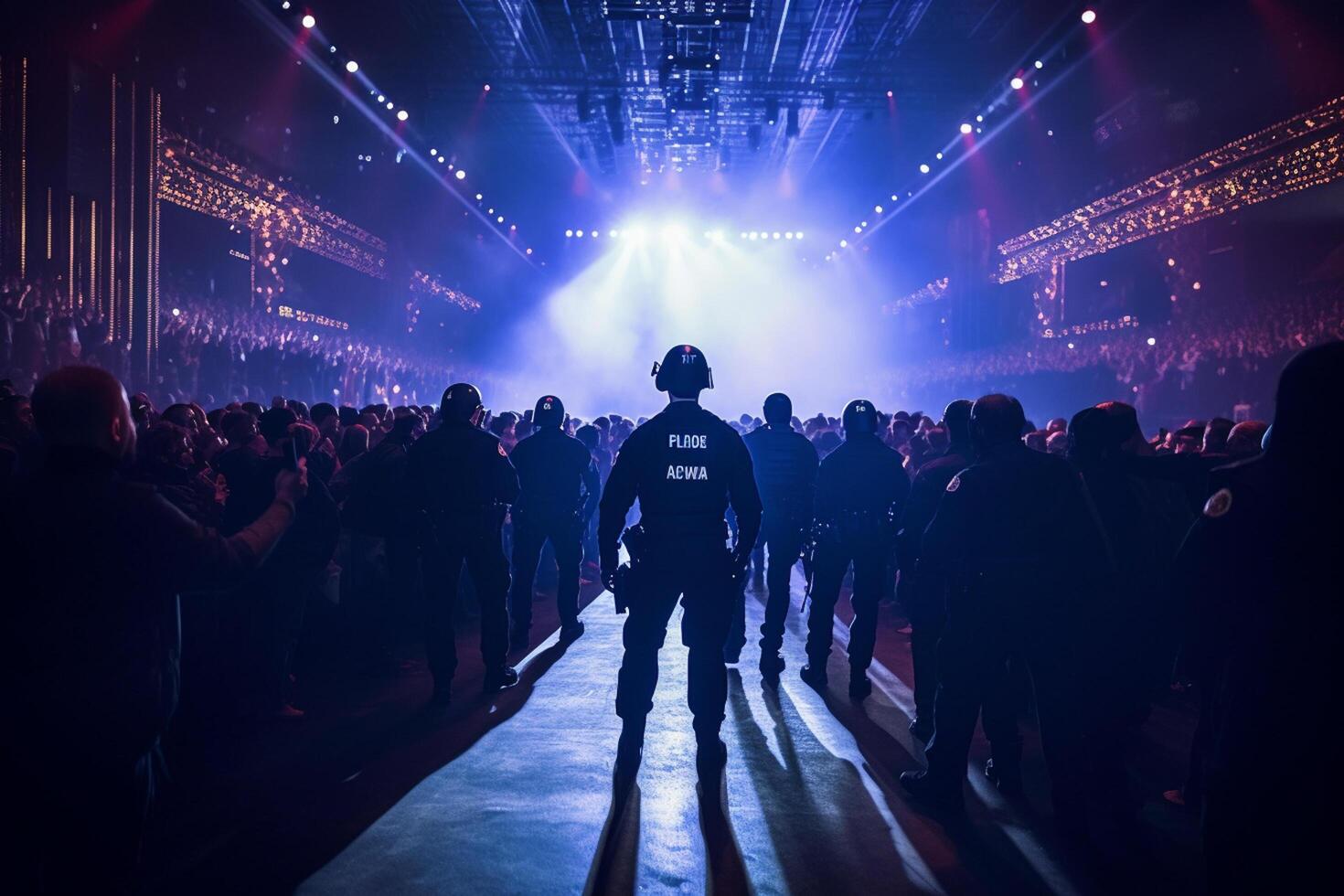Crowd in front of concert stage lights and smoke, back view photo