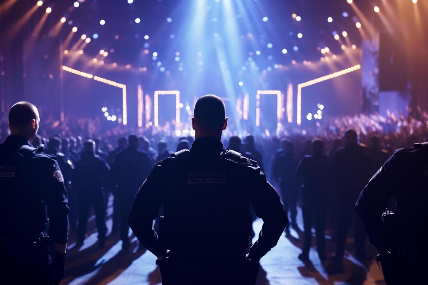 Crowd in front of concert stage lights and smoke, back view photo