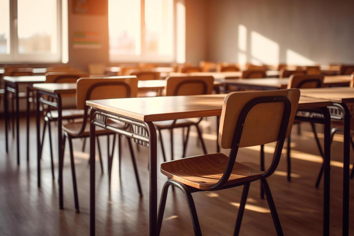 Empty chairs and tables in a school classroom with sunlight in the morning photo