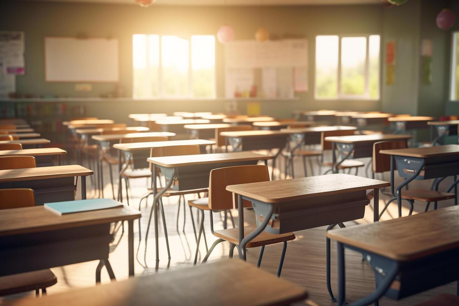 Empty chairs and tables in a school classroom with sunlight in the morning photo