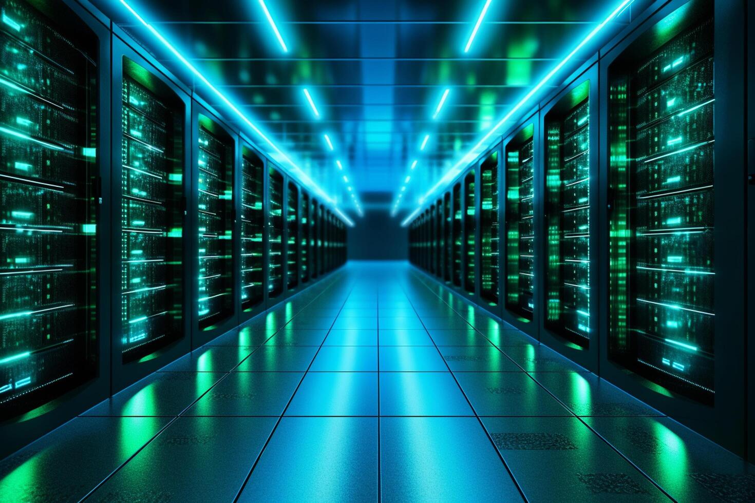Dark server room data center interior with bright lights. 3D Rendering photo