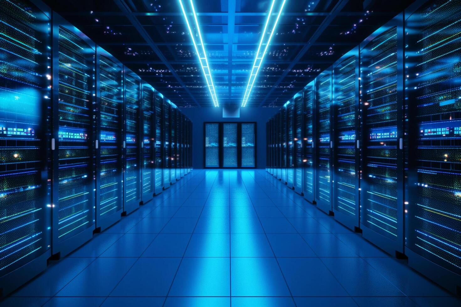Dark server room data center interior with bright lights. 3D Rendering photo