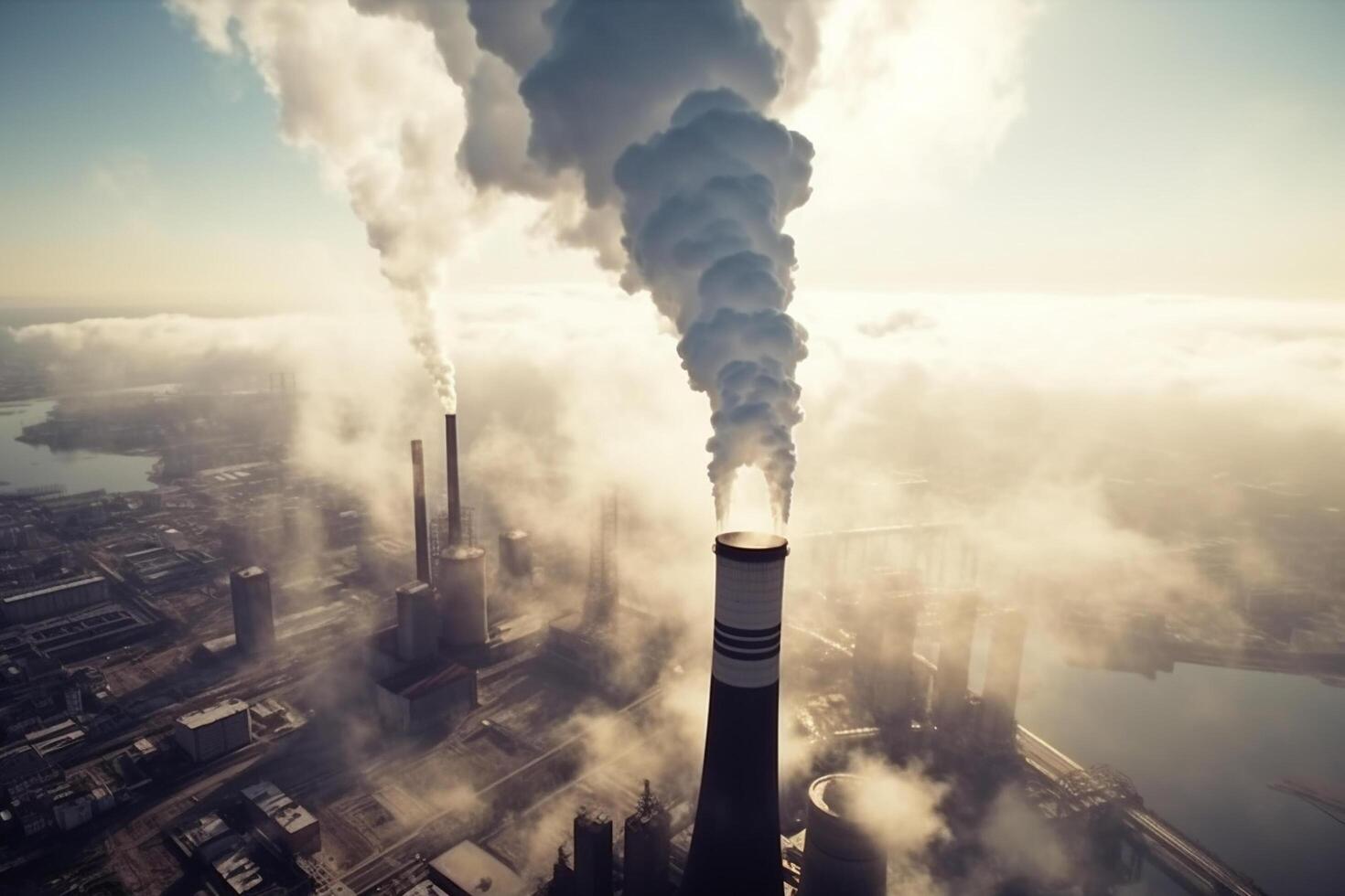 Aerial view of coal power plant with smokestacks in cloudy morning photo