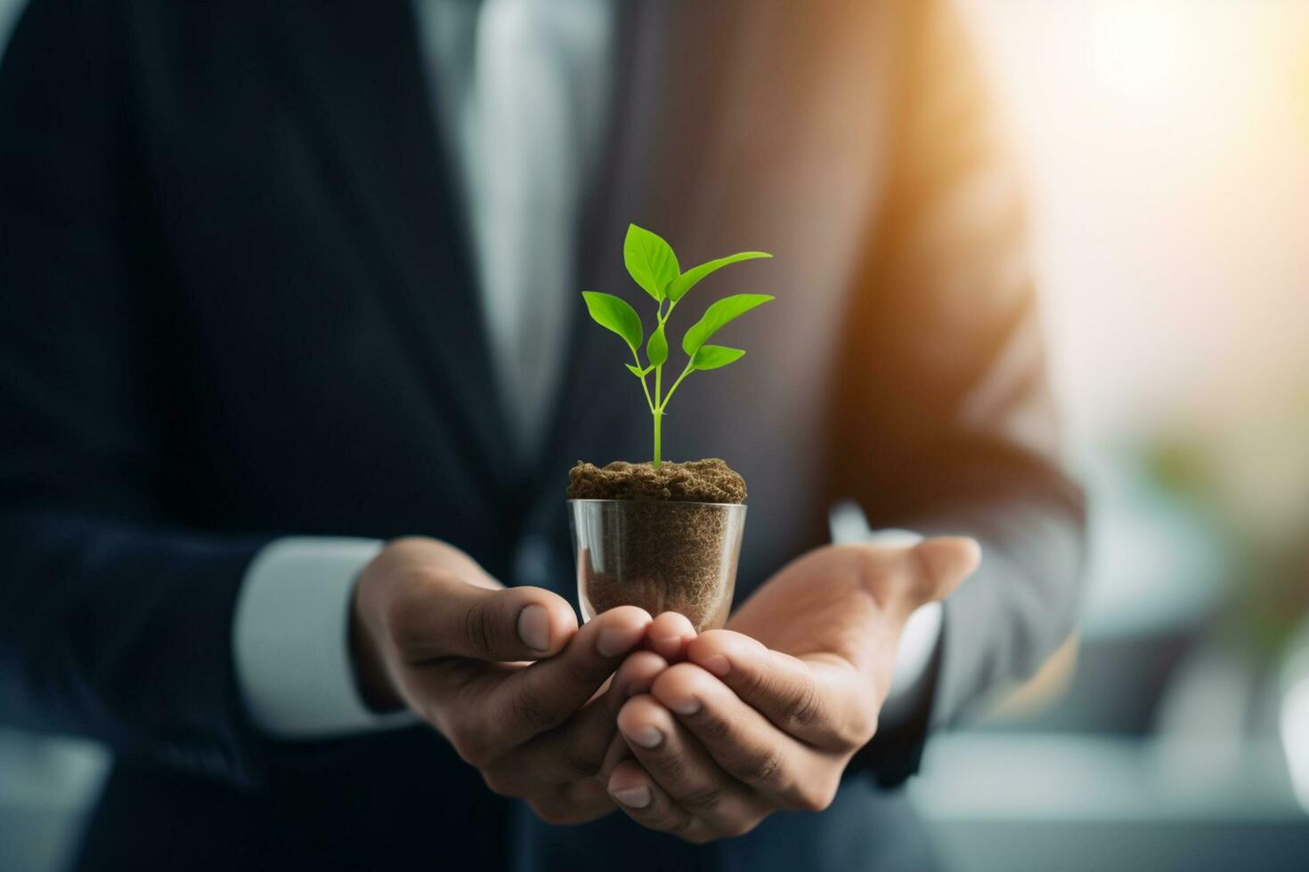 Businessman holding a small plant in a pot. Concept of new life. Ai Generated photo