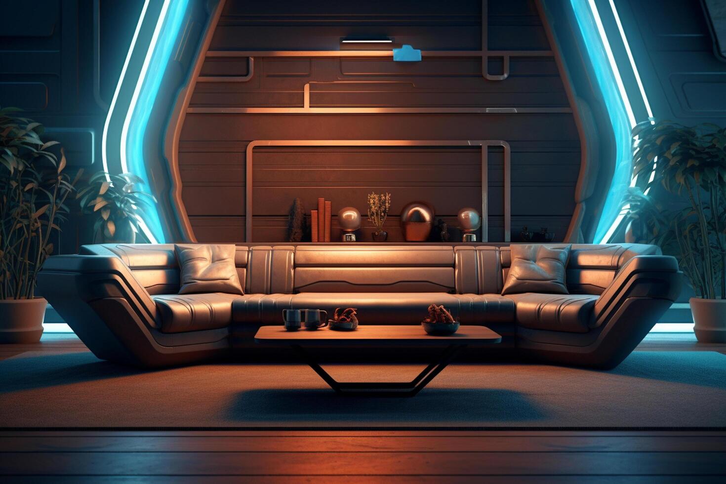 Modern interior living room furniture with neon lights photo