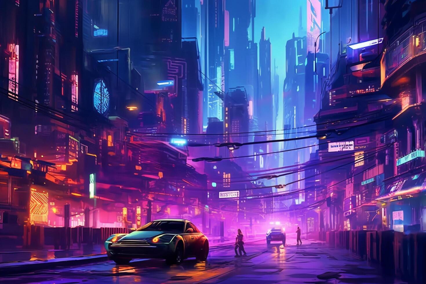Illustration of a futuristic street and buildings at night with neon lights photo