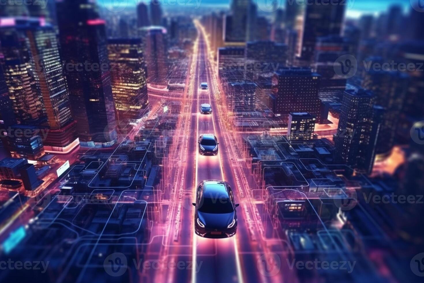 Car on the road in modern buildings city at night. 3d rendering photo