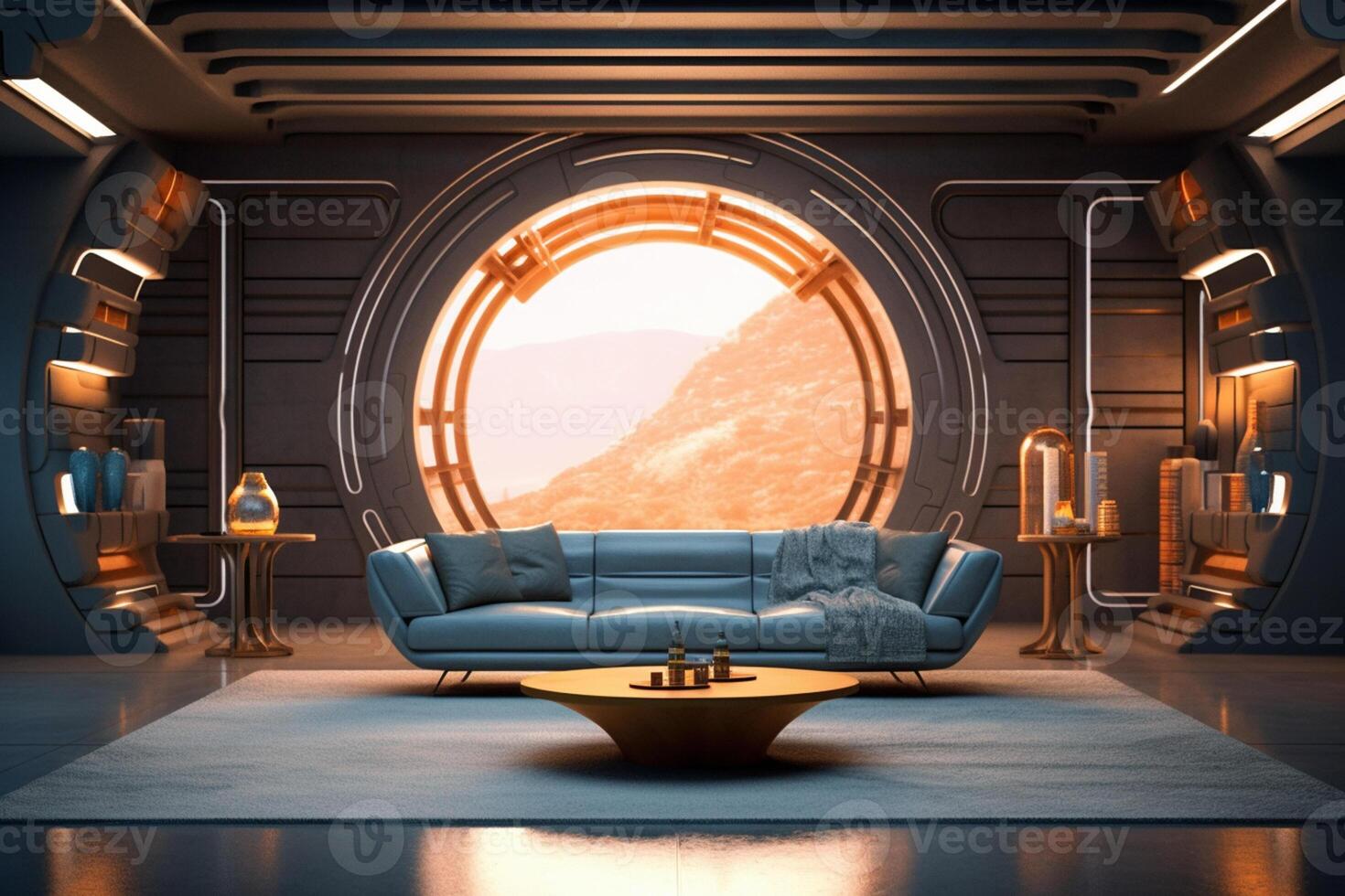 Interior of a living room with two leather sofas illuminated by blue neon lights 3D rendering photo