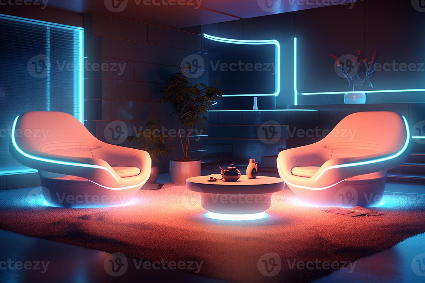 Interior of a living room with two leather sofas illuminated by blue neon lights 3D rendering photo