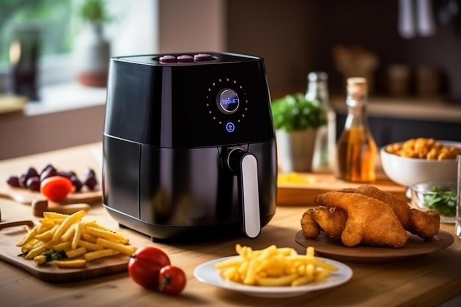 Modern electric coffee machine and french fries in the kitchen at home. Ai Generated Ai Generated photo