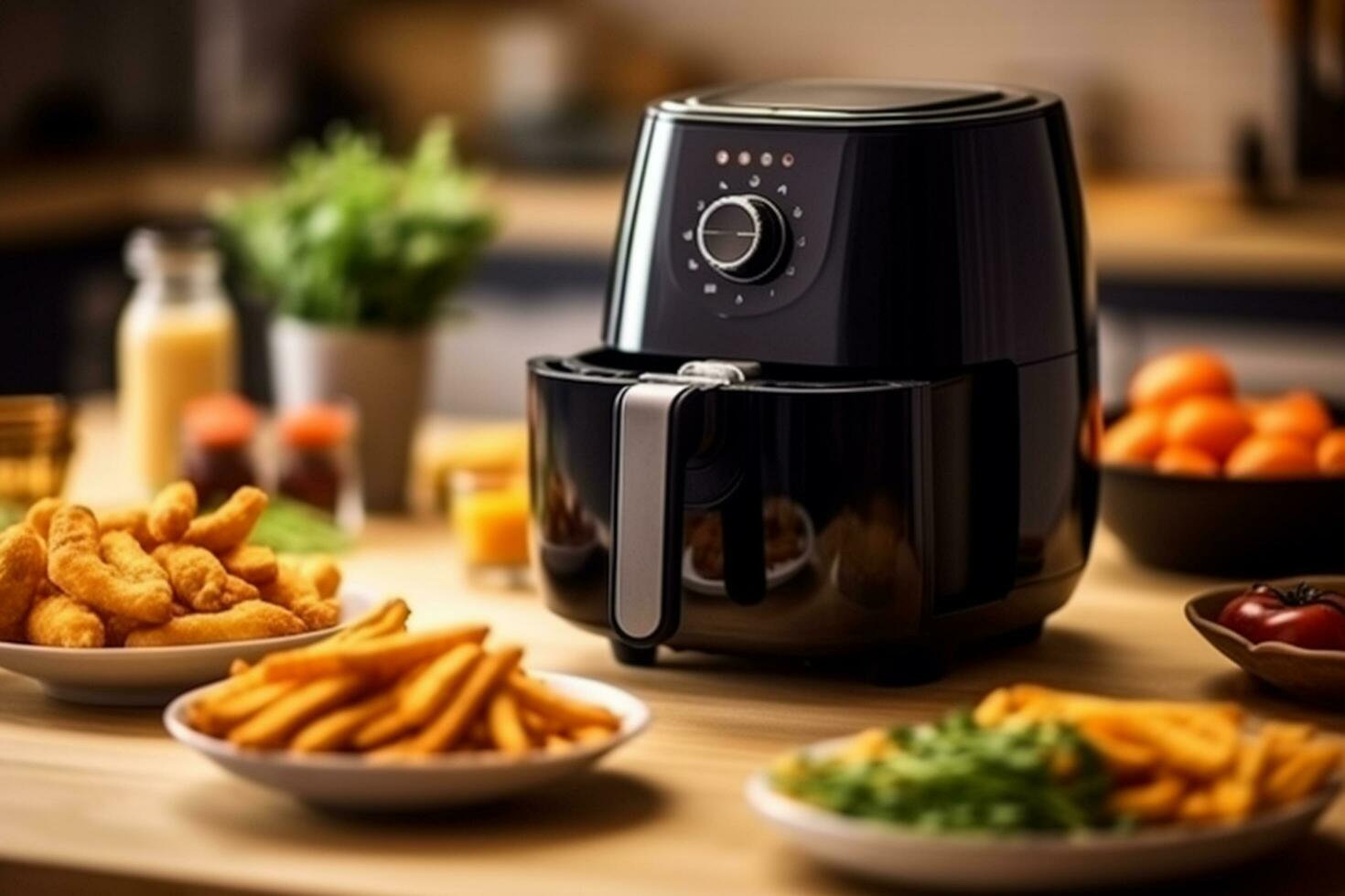 Modern electric coffee machine and french fries in the kitchen at home. Ai Generated Ai Generated photo