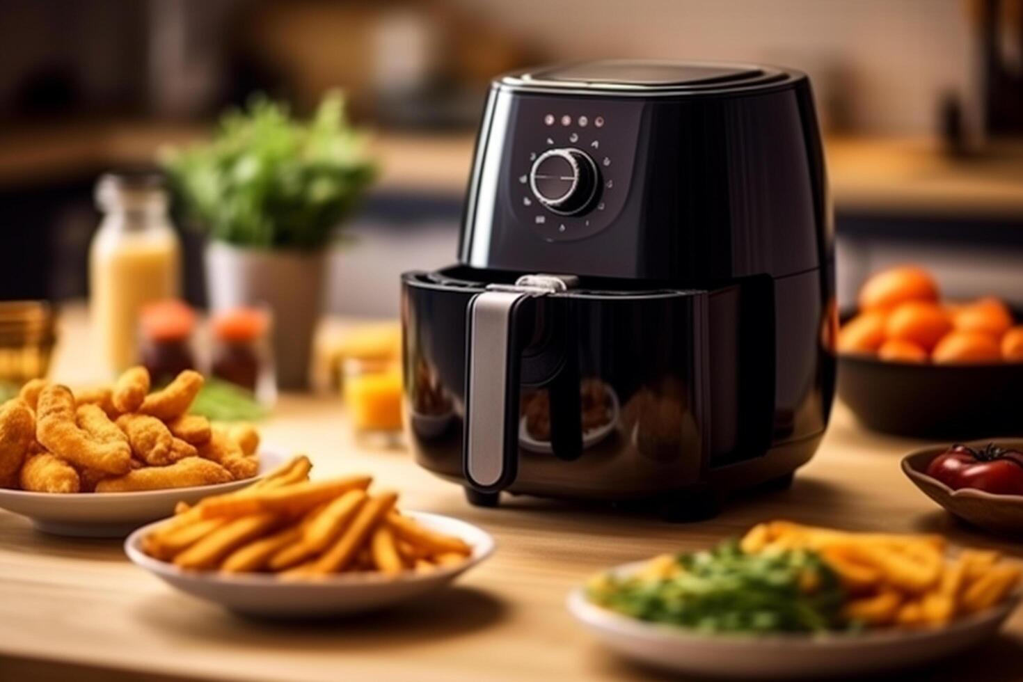 Modern electric coffee machine and french fries in the kitchen at home. photo