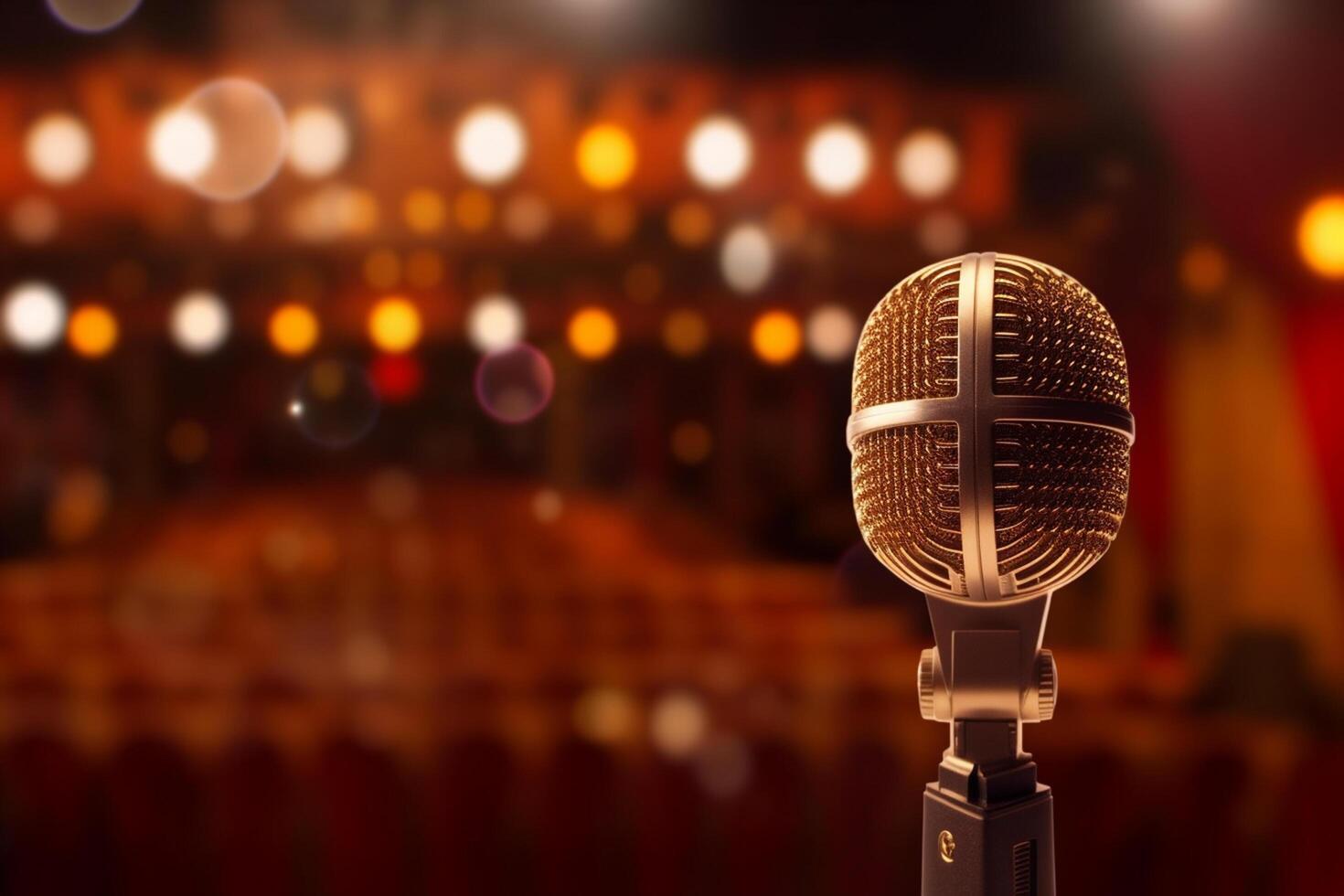 Microphone in concert hall or conference room with bokeh background photo
