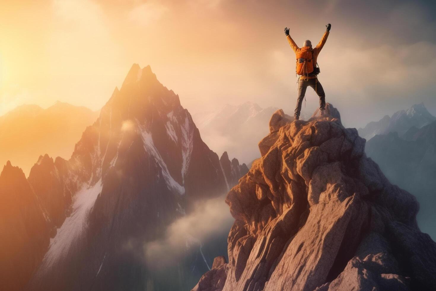 Hiker with backpack standing on top of a mountain and enjoying the view photo