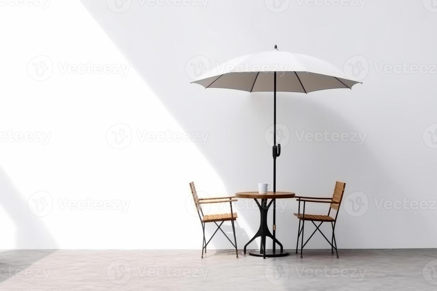 3d rendering of an empty room with chairs and a white umbrella Ai Generated photo