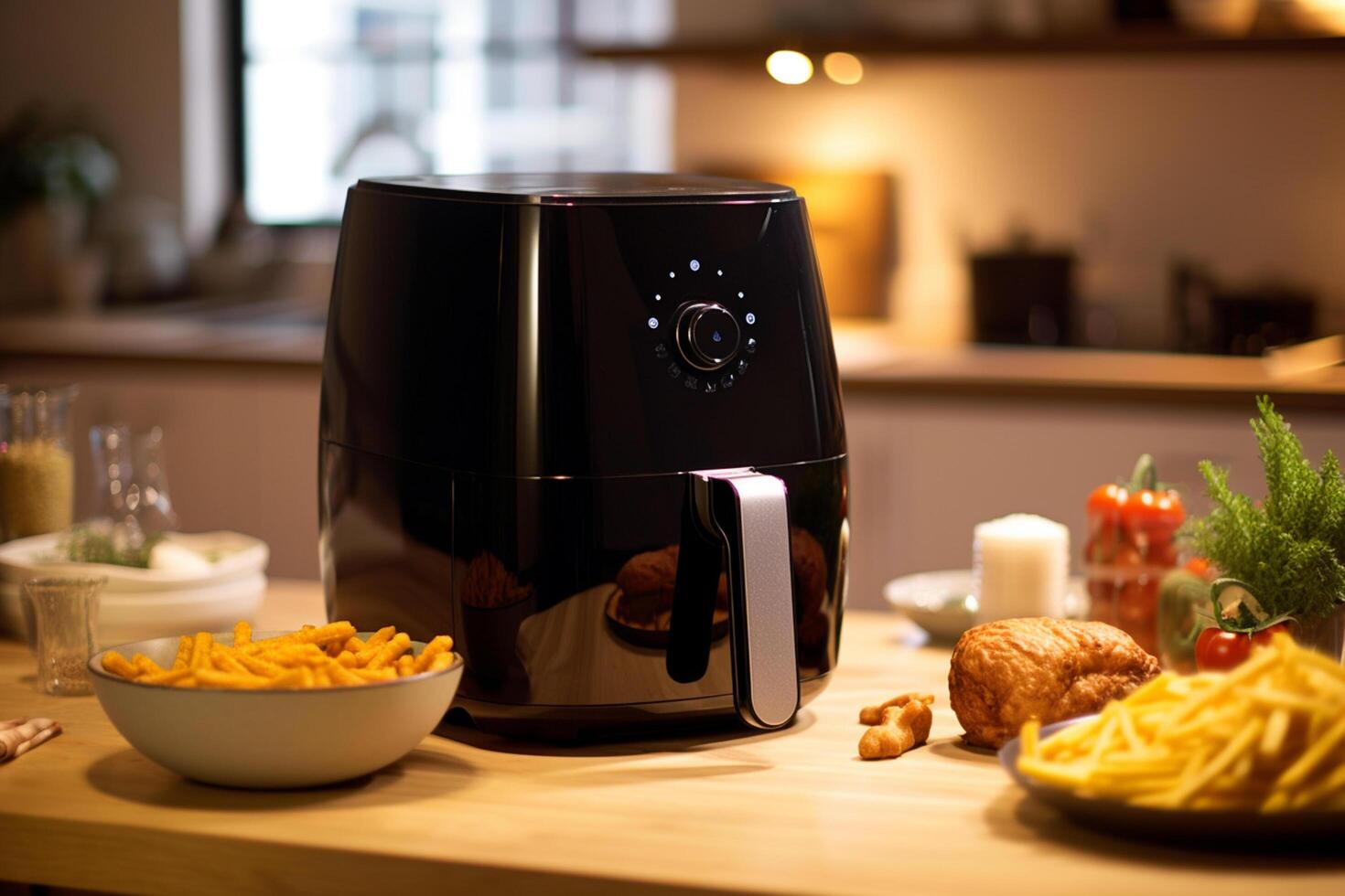 Modern electric coffee machine and french fries in the kitchen at home. photo