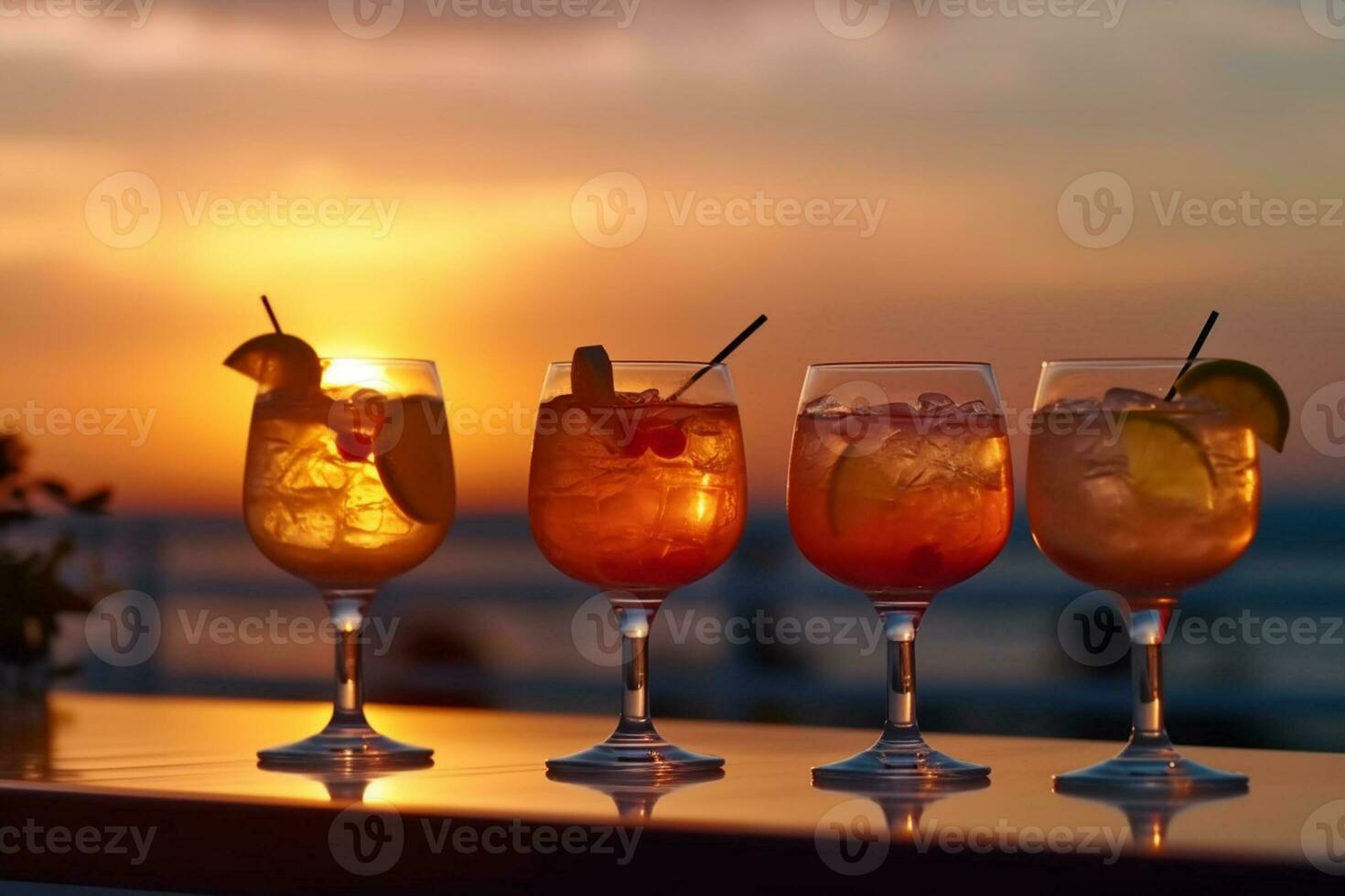 Four glasses of cocktail with ice and lemon on the beach at sunset Ai Generated photo