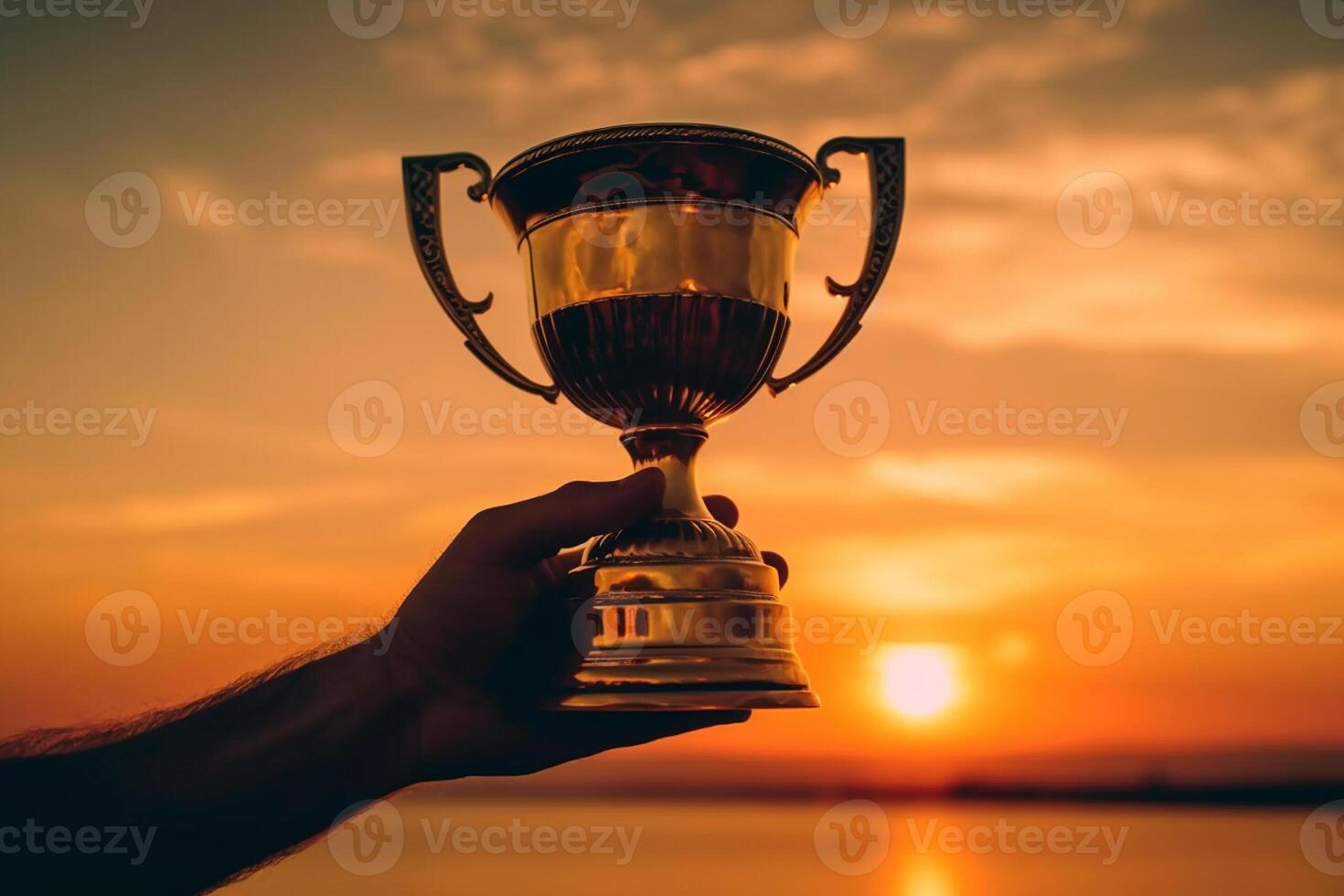 Closeup of a trophy in the hands of a man at sunset photo