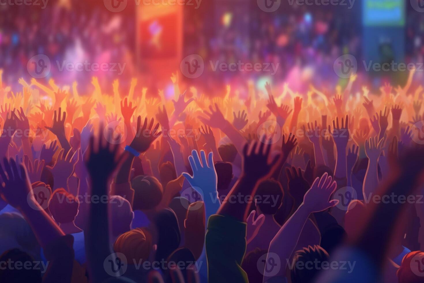 Crowd of people dancing at a music festival. 3d rendering Ai Generated photo