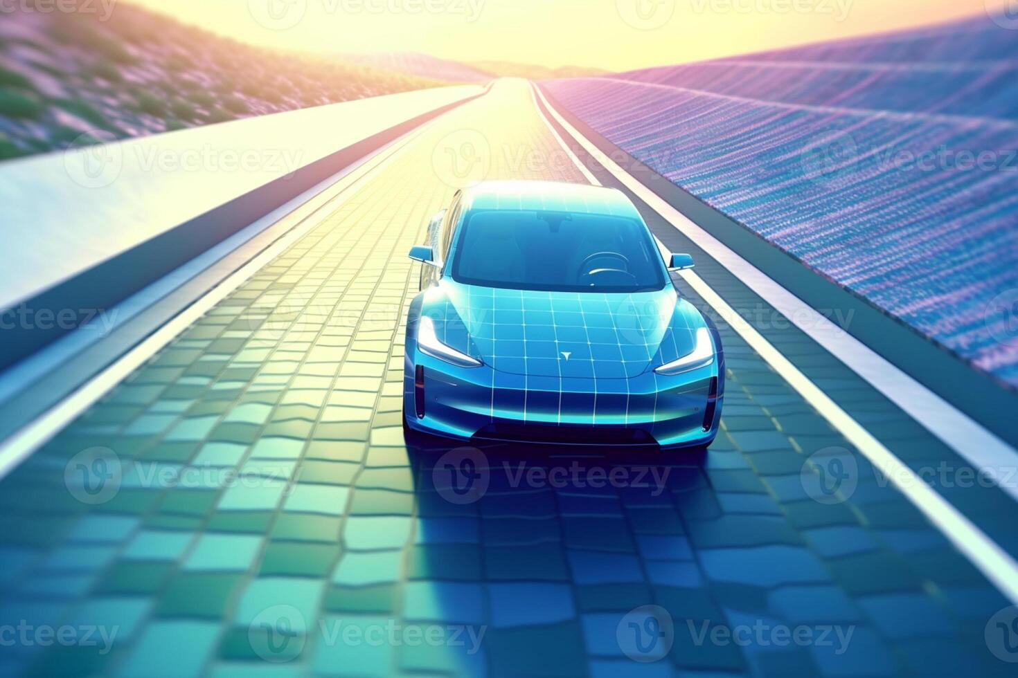 Car with solar panel on the road in the mountains. 3d rendering photo