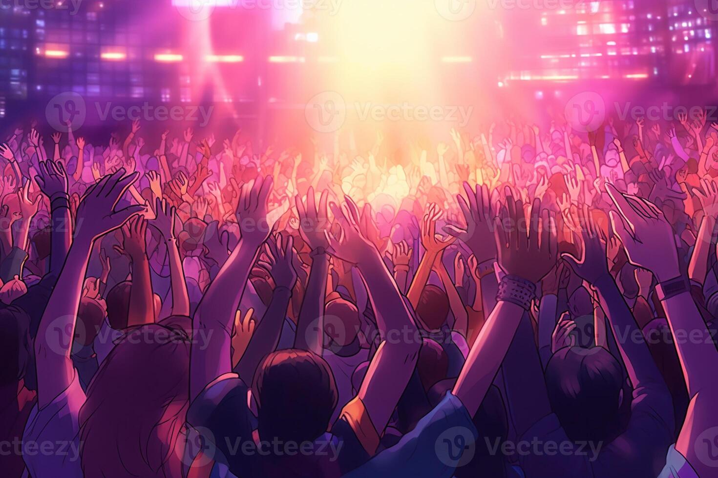 Crowd of people dancing at a music festival. 3d rendering photo