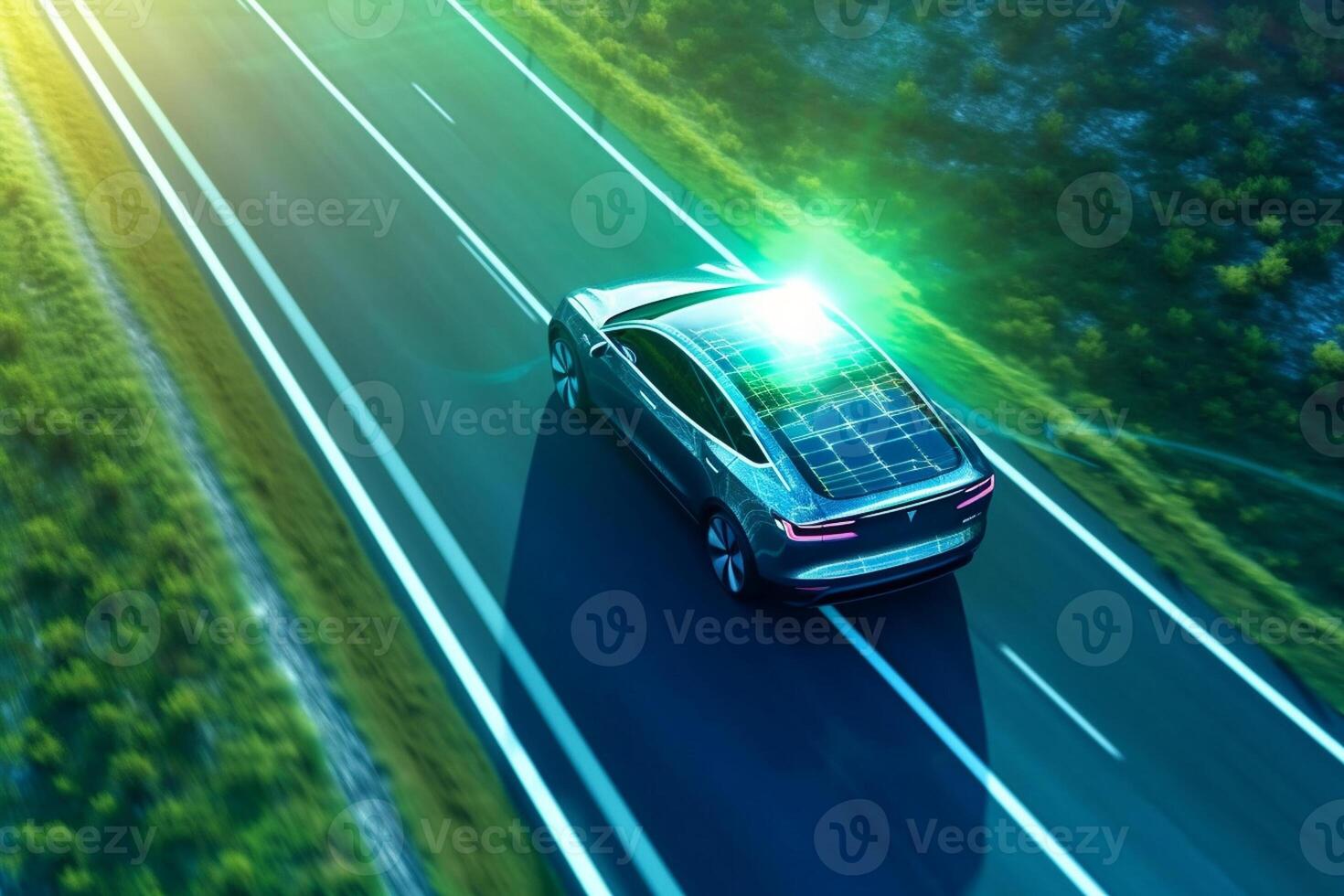 Car with solar panel on the road in the mountains. 3d rendering photo