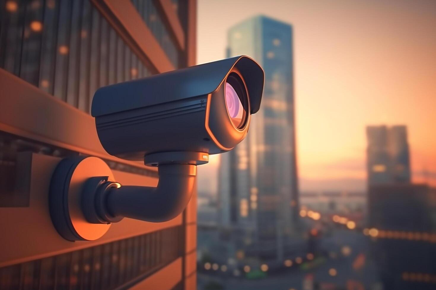 Surveillance futuristic camera on the wall. 3d render illustration. photo