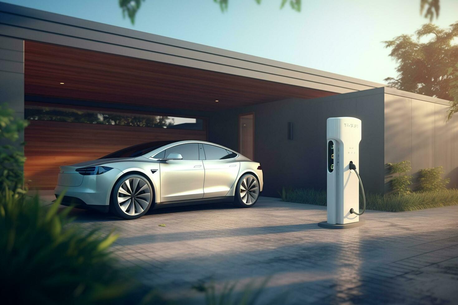 Electric car charging at a charger station. 3D rendering. Technology concept Ai Generated photo