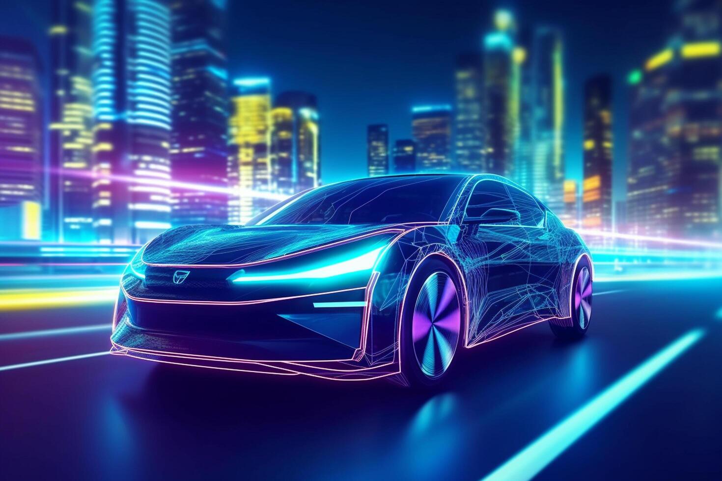 3d rendering of a blue sport car in the neon light city at night photo