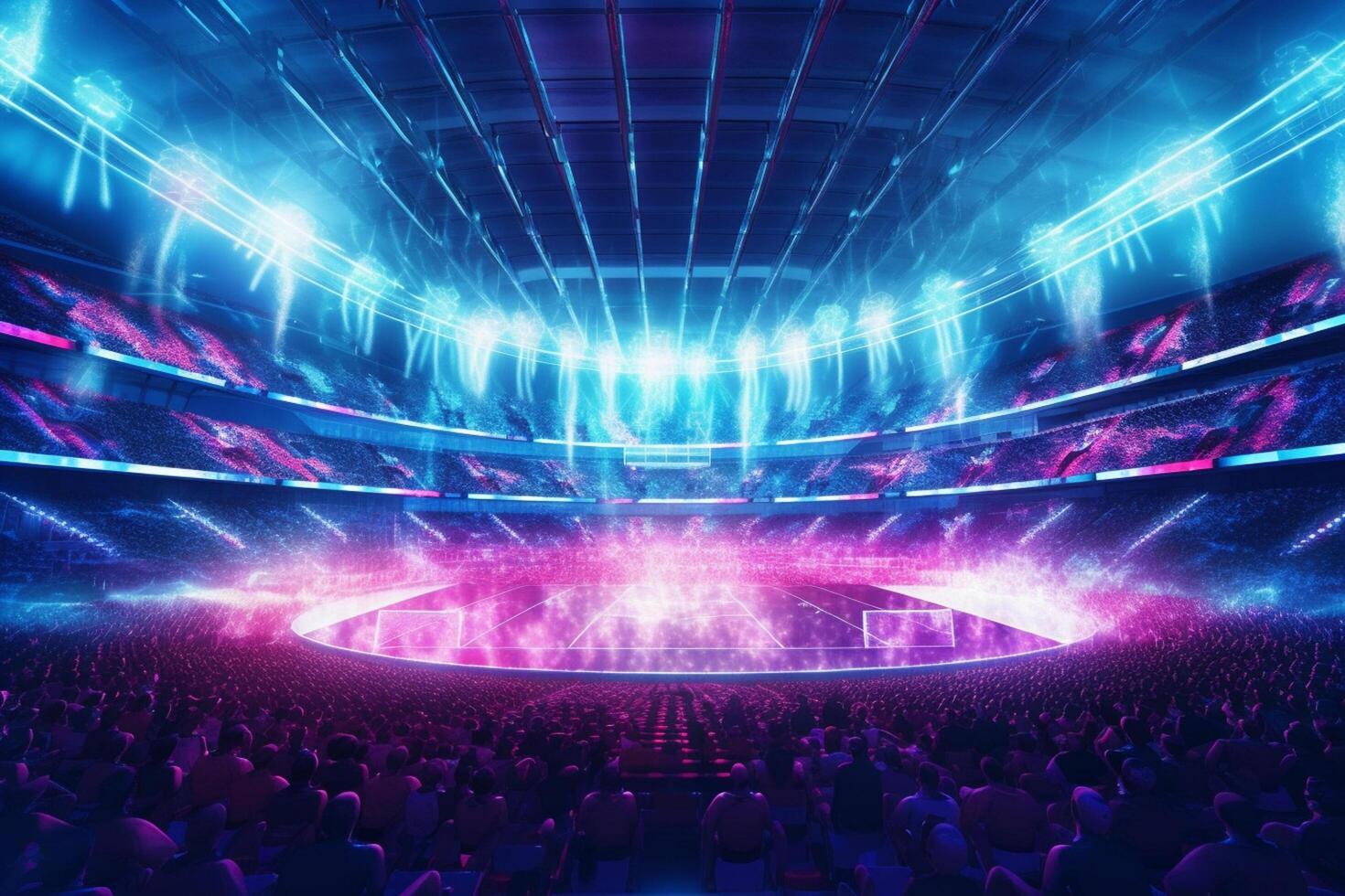 Football stadium with fans and lights in the background. 3d rendering photo