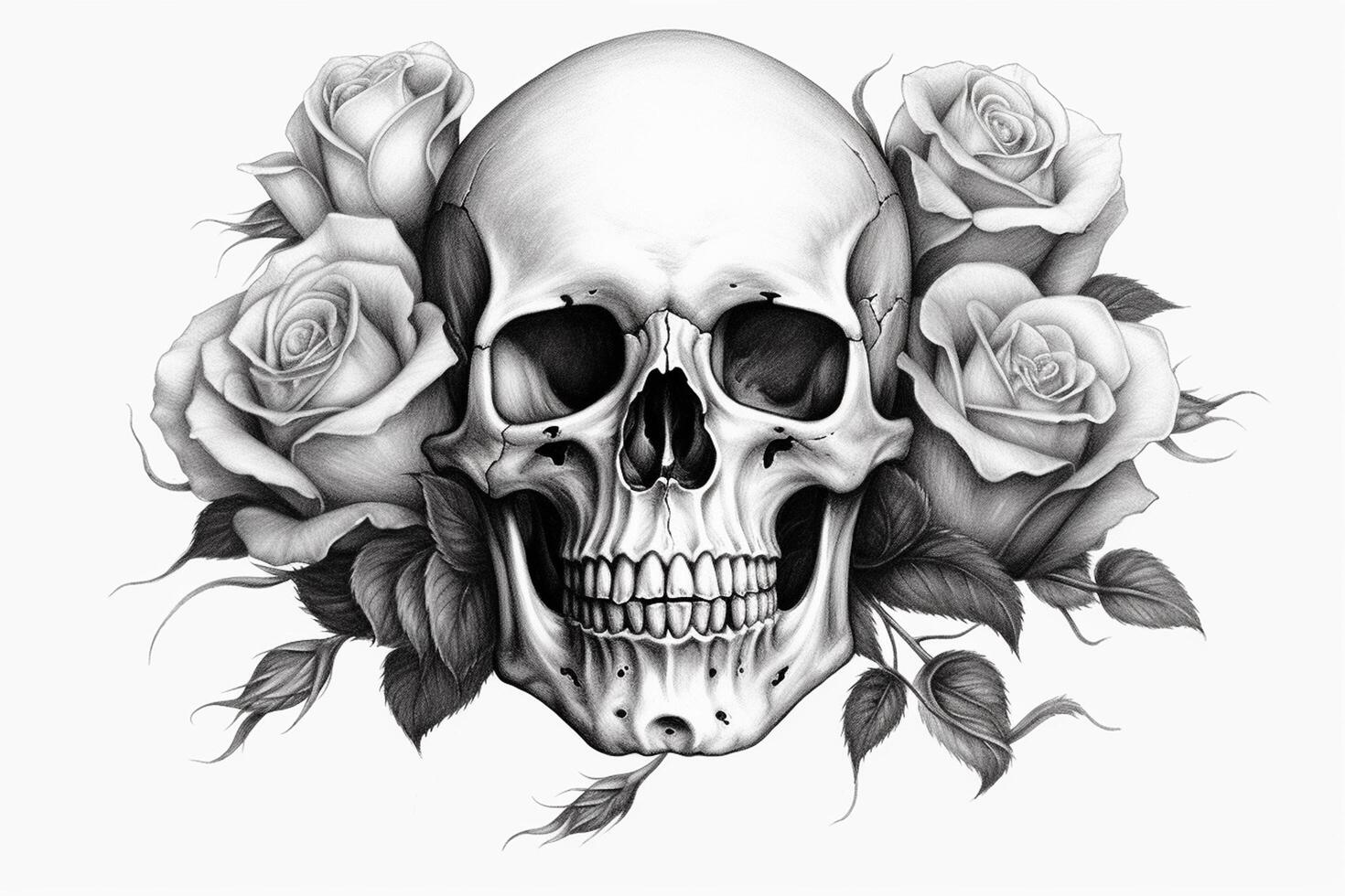 Skull with floral wreath on white background. Hand-drawn illustration. photo