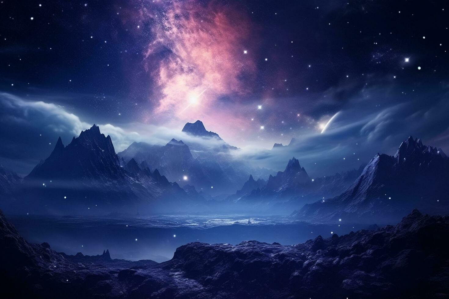 Fantasy alien planet. Mountain and lake. 3D illustration. photo