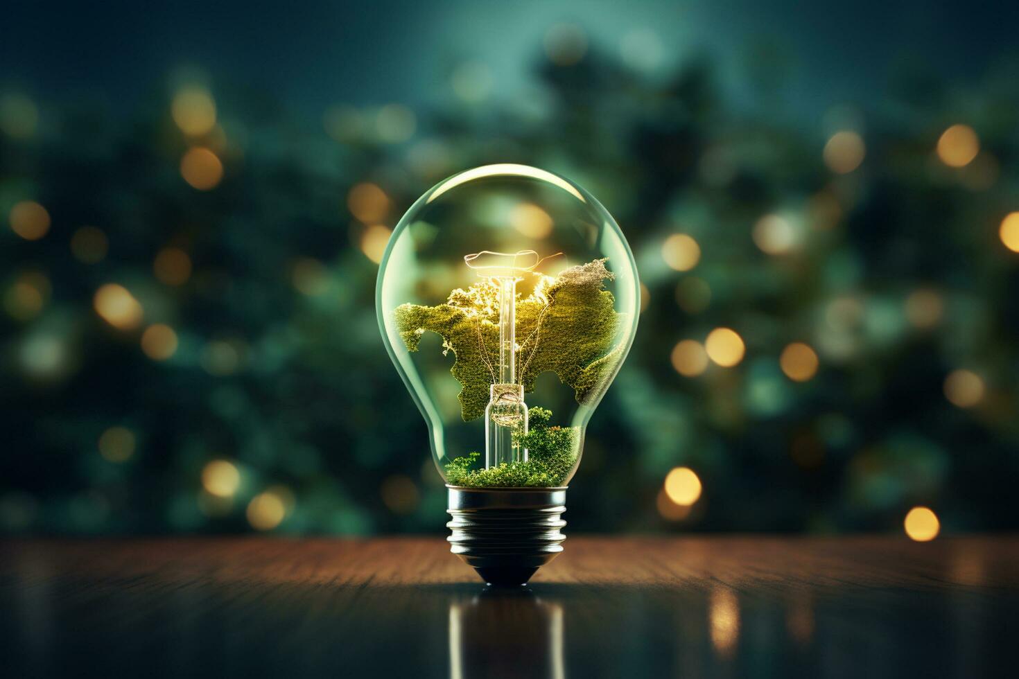 Light bulb with tree inside. Green energy concept. 3D Rendering Ai Generated photo