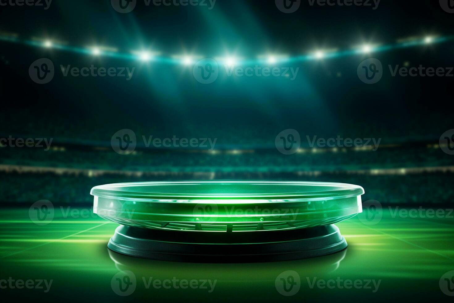 Green round podium in dark room with neon lights. 3D rendering Ai Generated photo