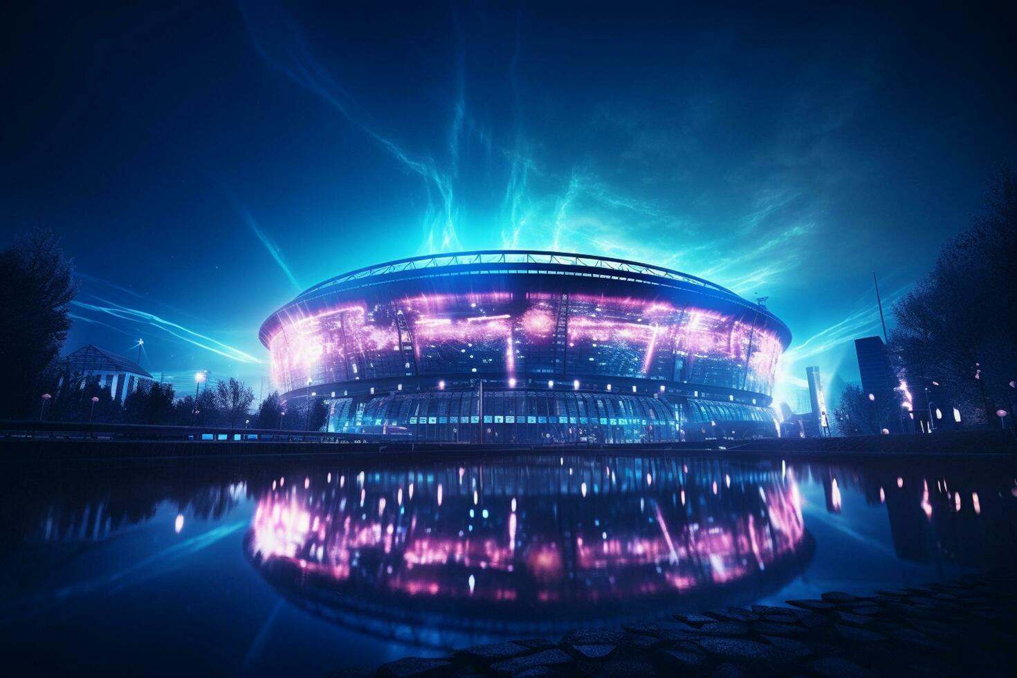 Night scene of modern city with illuminated stadium. 3D rendering. Ai Generated photo