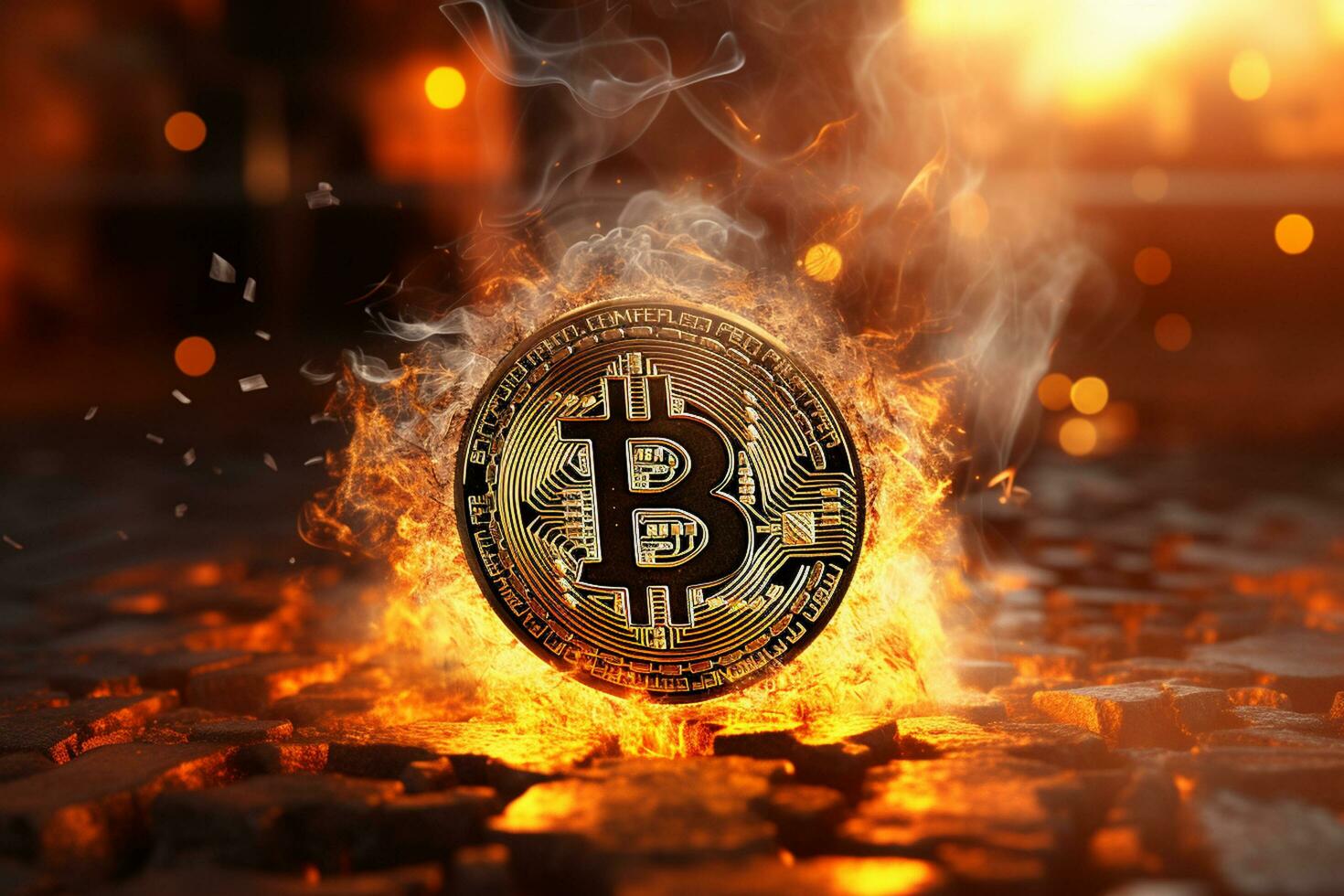 Bitcoin on fire background. Cryptocurrency concept. 3D illustration Ai Generated photo