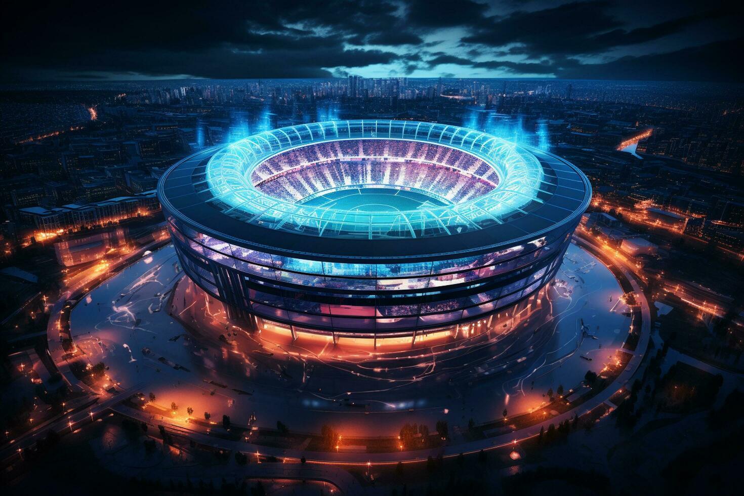Night scene of modern city with illuminated stadium. 3D rendering. Ai Generated photo