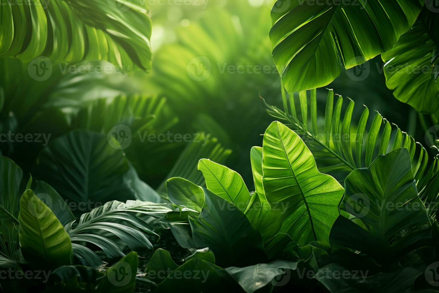 Dark green tropical leaves background. Top view, flat lay, copy space Ai Generated photo