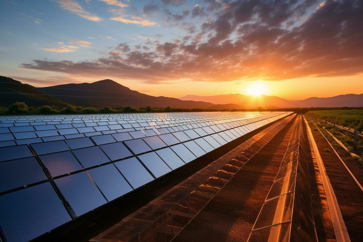 solar energía paneles a atardecer, fotovoltaica poder planta ai generado foto