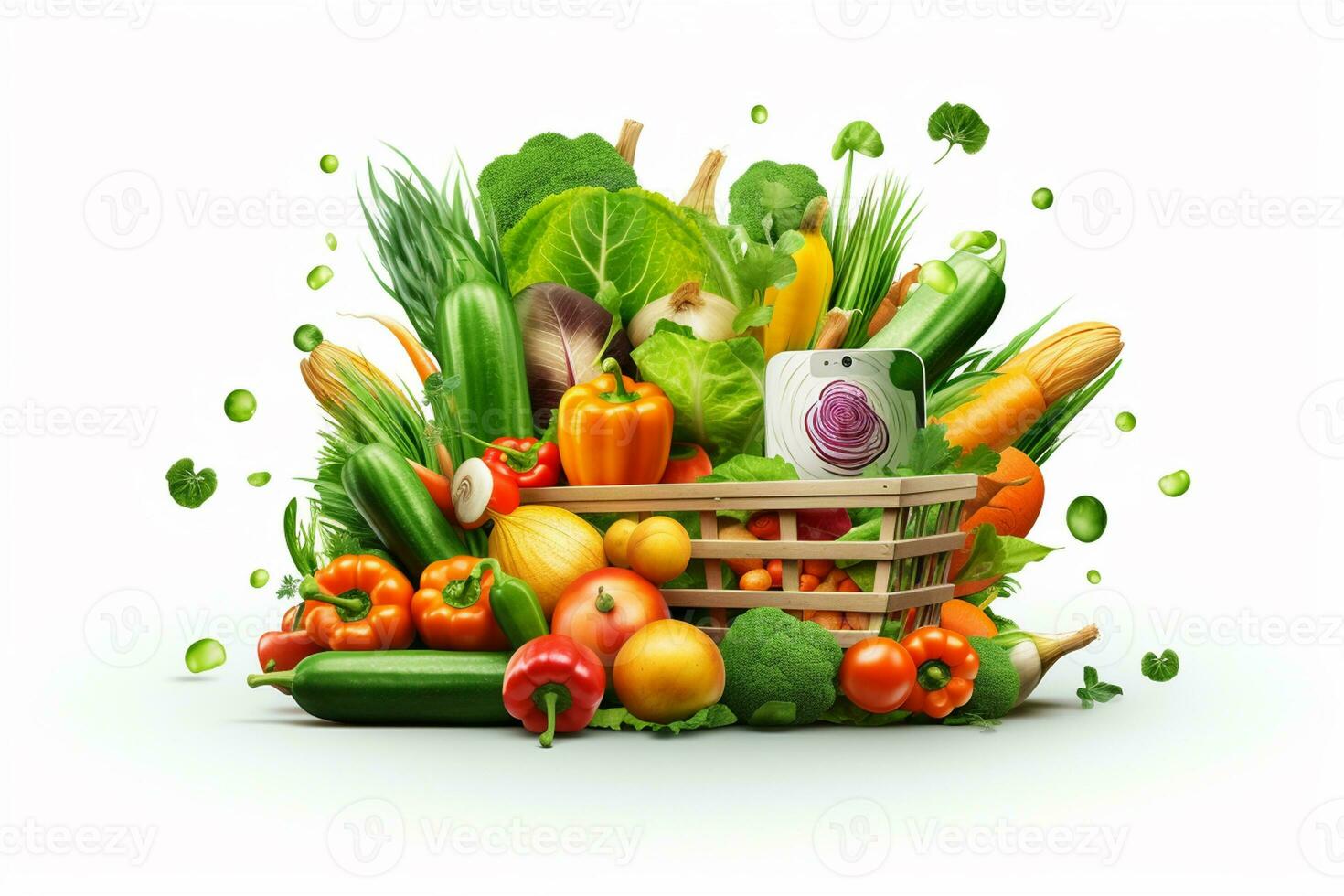 Healthy food concept with fresh vegetables and mobile phone on White background Ai Generated photo