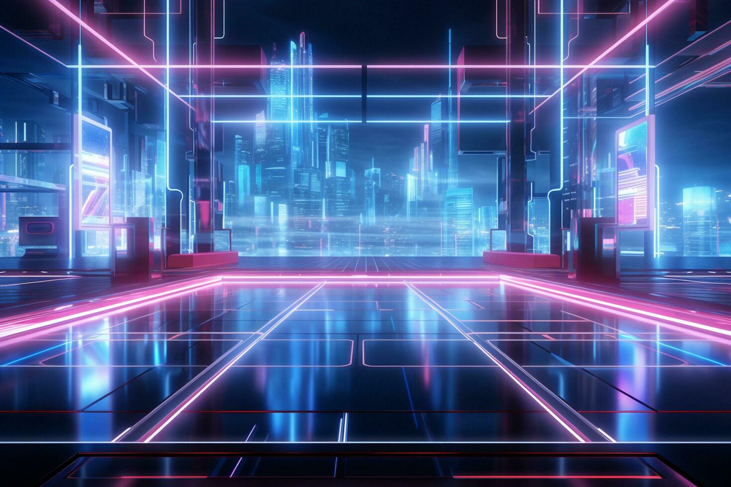 3d render, Futuristic interior with glowing neon lights, 3d illustration Ai Generated photo