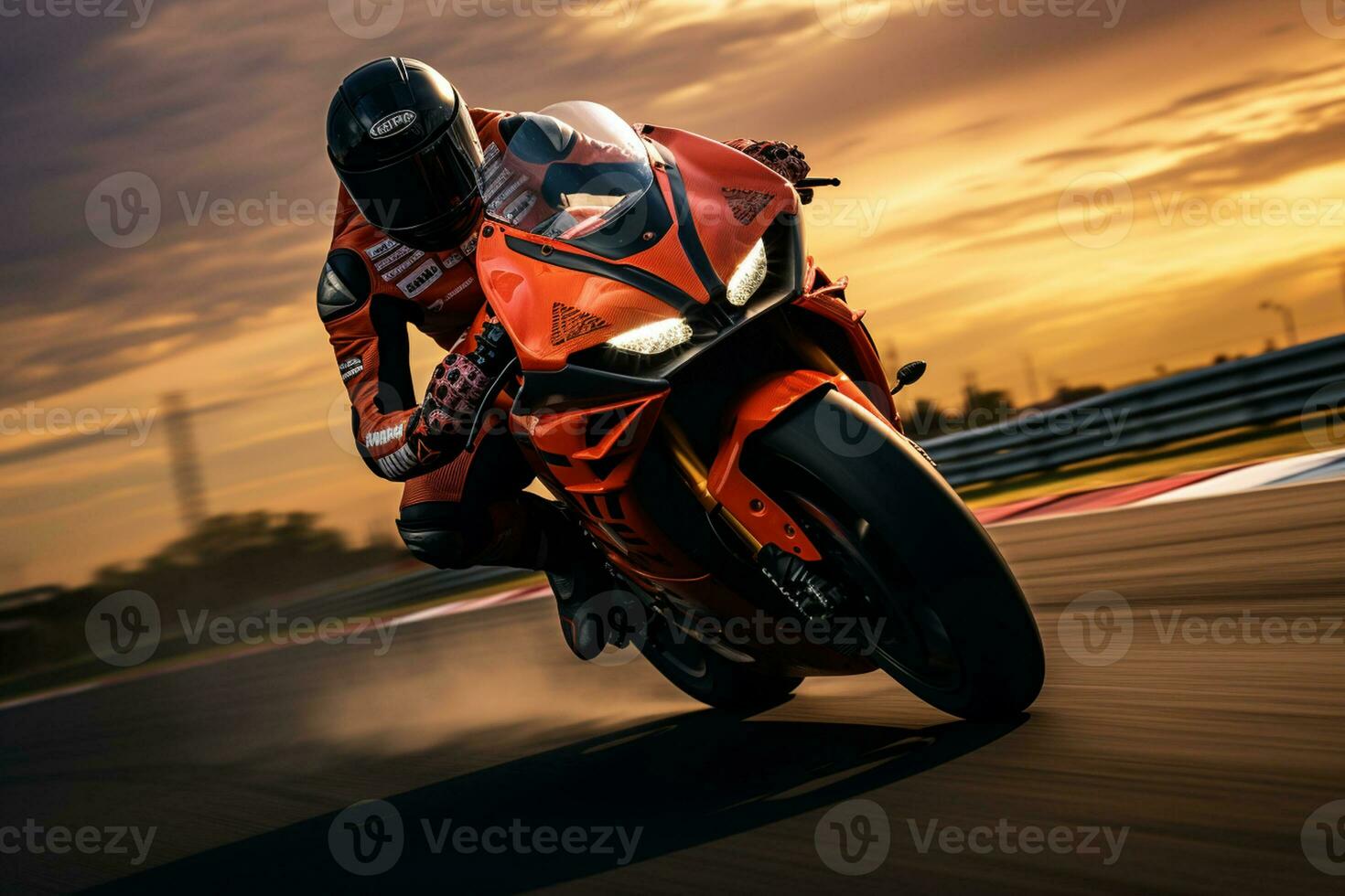 Motorcycle rider riding on the road at sunset. Sport bike. Ai Generated photo