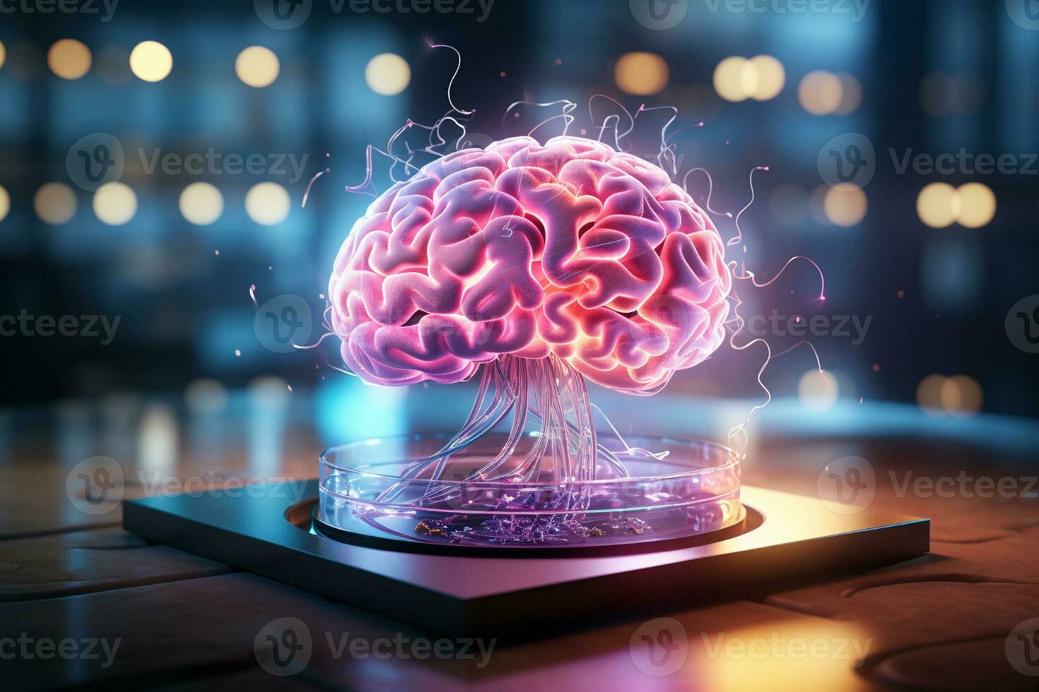 Human brain on the table. 3d rendering. Computer digital drawing. Ai Generated photo