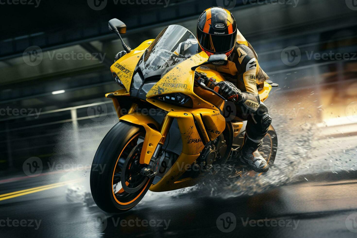 Motorcycle rider riding on the road at sunset. Sport bike. Ai Generated photo