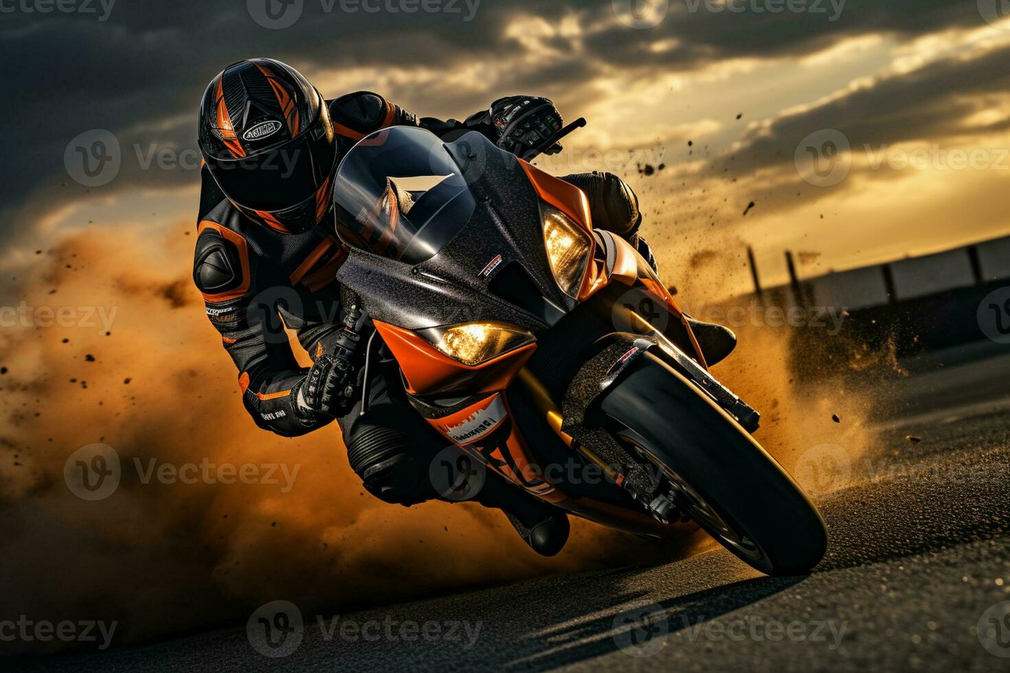 motocicleta jinete montando en el la carretera a puesta de sol. deporte bicicleta. ai generado foto