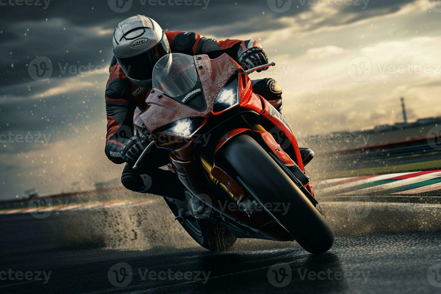 Motorcycle rider riding on the road at sunset. Sport bike. Ai Generated photo